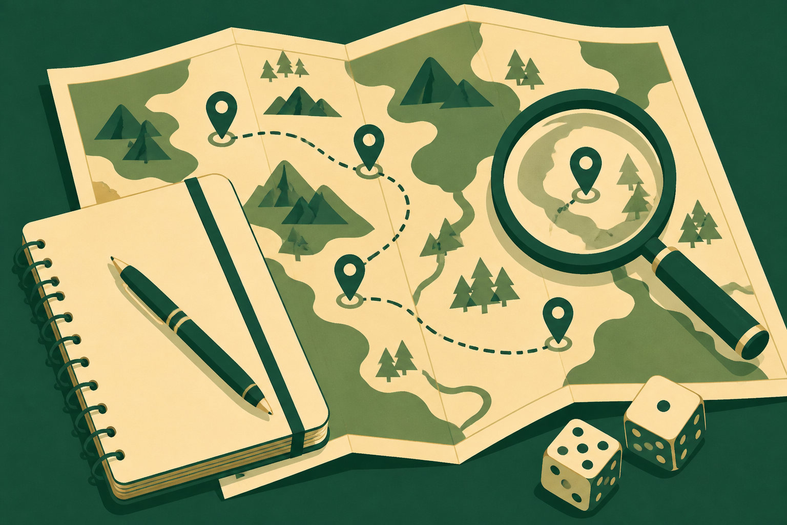 Illustration of a notebook, magnifying glass and dice arranged over a route map