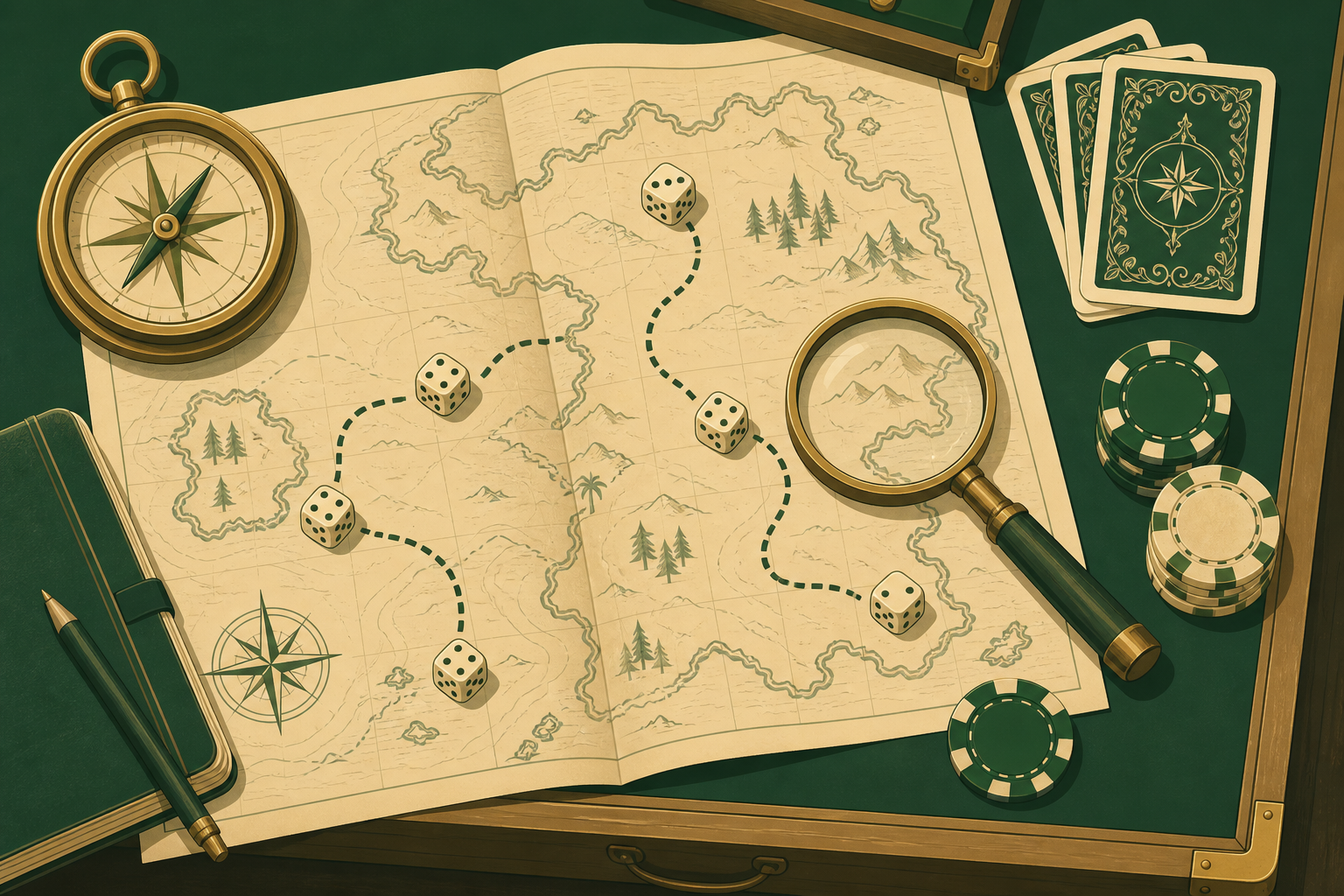 Illustration of a map, compass, dice and cards laid out like a comparison spread