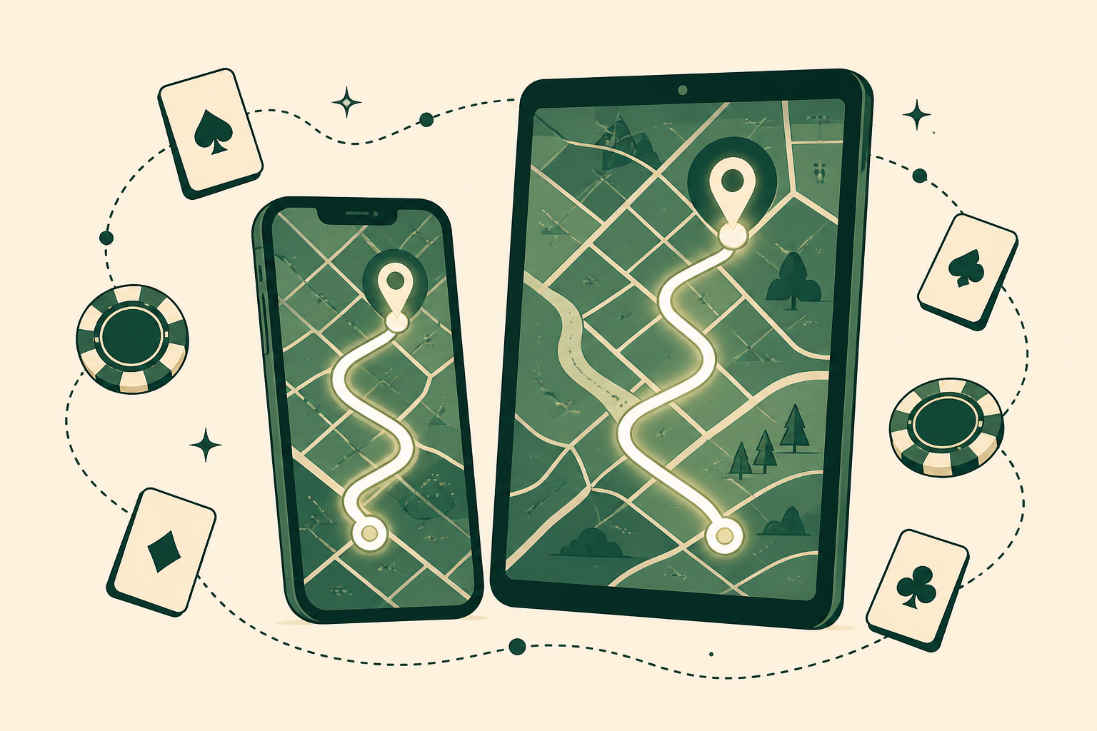 Illustration of a phone and a tablet with a route overlay, surrounded by playing cards and casino chips