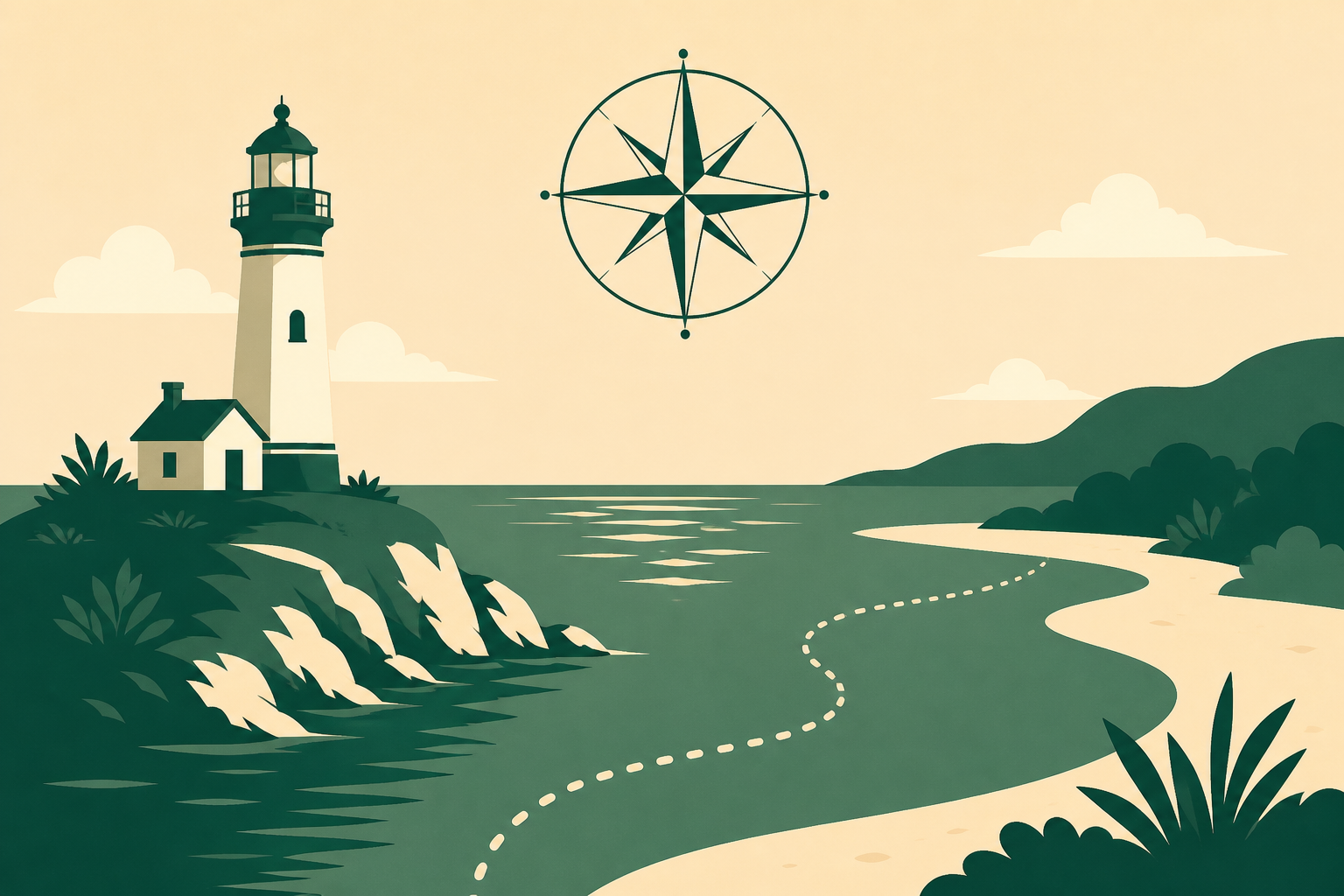 Illustration of a lighthouse and a calm compass rose above a quiet shoreline